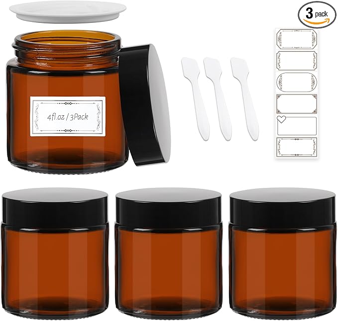 AuroTrends 4 oz Amber Glas Jars with Lids 3Pack, Portable Amber Round Empty Glass Candle Jars with Lids/Body Butters Containers/Body Butter Jar (4 fl. oz, Set of 3)