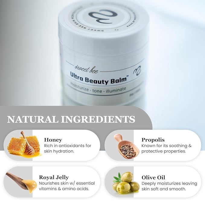 Sweet Bee Naturals Ultra Beauty Balm - Certified Organic Non-Petroleum Jelly Moisturizer Cream with Honey & Beeswax - Illuminate Skin for Face & Neck - Natural Balm for Dry & Sensitive Skin - 2 oz