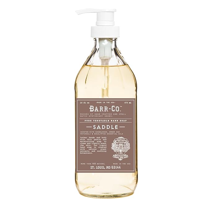 BARR-CO. Saddle Hand Soap – Natural Liquid Soap for Bathroom & Kitchen, Vegan, Moisturizing Formula, Amber, Sandalwood & Musk Scent 16 fl oz