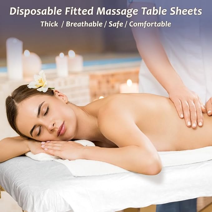 50PCS Disposable Fitted Massage Table Sheets, Heavy Duty Elastic Disposable Bed Cover, Breathable Disposable Fitted Sheets for Spa White Non Woven Fabric 36 x 85 Inch