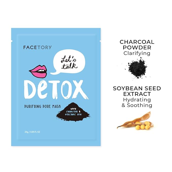 FACETORY K Beauty Face Mask Skin Care - LET'S TALK DETOX PURIFYING Sheet Mask with Charcoal & Volcanic Ash | Pore Refining Charcoal Face Mask (5 Pack)