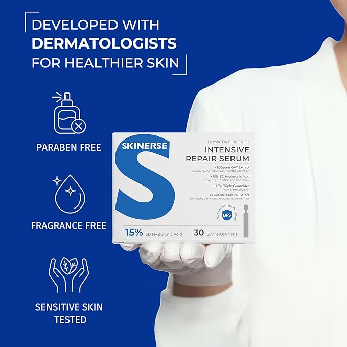 Intensive Repair Serum, 15% Hyaluronic Acid Serum with Ceramides and Centella Extract, Barrier Repair Redness Reilef Rosacea Treatment for Face Sensitive Acne Prone Skin, 30 Vials