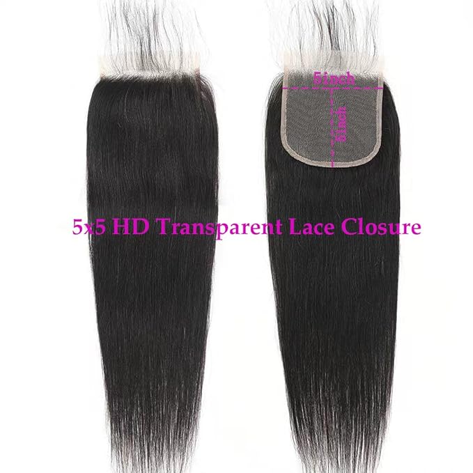 5x5 HD Transparent Straight Human Hair Lace Closure Skinlike 12inch Virgin Invisible Brazilian 5x5 Straight Human Hair Closure 100% Real Human Hair Free Part Closure Pre Plucked Natural Black Glueless