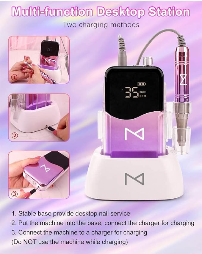 M Mase- Professional Nail Drill Machine - 2-in-1 Nail File - Cordless, 35000 RPM, HD Display - Gift for Her - Electric Nail Drill for Professional & Home Use (Metallic Gold)
