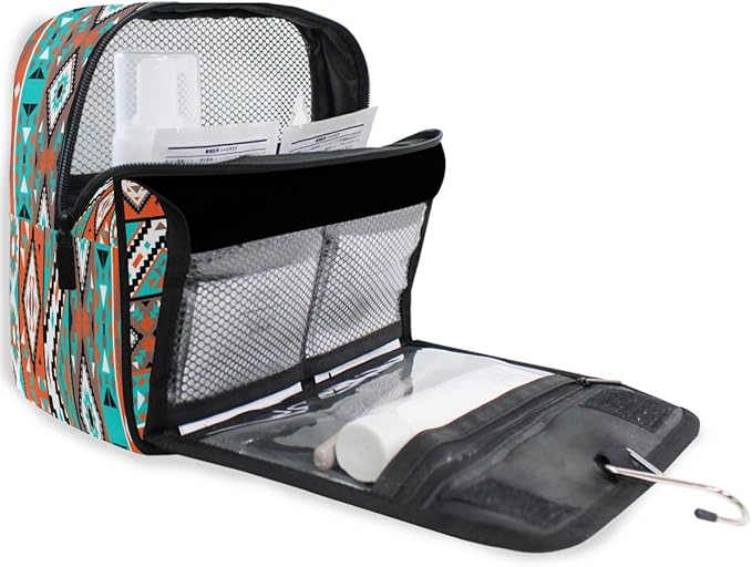Hanging Toiletry Bag Ethnic Aztec Geometric Portable Travel Cosmetic Makeup Bag Bathroom Shower Shaving Kit Organizer Bag for Men Women