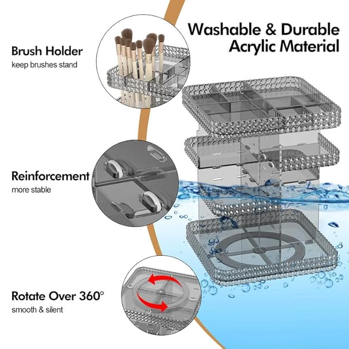 Makeup Organizer 360 Rotating Cosmetic Organizer, DIY Adjustable Makeup Carousel Spinning Holder Rack, Large Capacity Cosmetic Display Cases Vanity Countertop Fits Makeup Brushes Lipsticks (Grey)