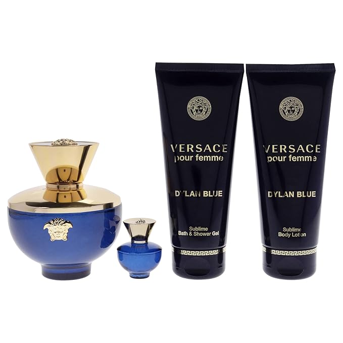 Versace Dylan Blue 3.4oz EDP Spray, 3.4oz Body Lotion, 3.4oz Bath and Shower Gel, 0.16oz EDP Spray Women 4 Pc Gift Set