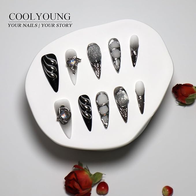 Handmade Press On Nails, Y2K Press On Nails, Stiletto Press On Nails, Thick Press On Nails, 3D Nails, Press On Nails Silver, Press On Nails Acrylic, Gifts for Women, COOLYOUNG Nails, 10 PCS, Size M