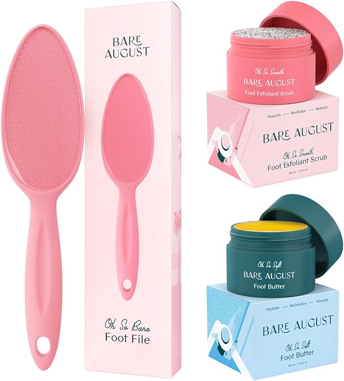 Bare August Glass Foot File, Foot Cream & Foot Scrub Exfoliator Bundle