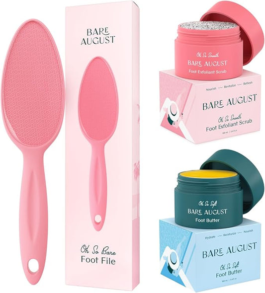 Bare August Glass Foot File, Foot Cream & Foot Scrub Exfoliator Bundle