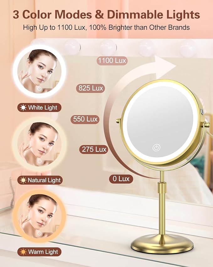 Benbilry Lighted Makeup Mirror with 3 Color Lights & 10X Magnification, Adjustable Brightness & Height, 7 Inch 360° Swivel Rechargeable 10X LED Magnifying Vanity Mirror with Light, Gold