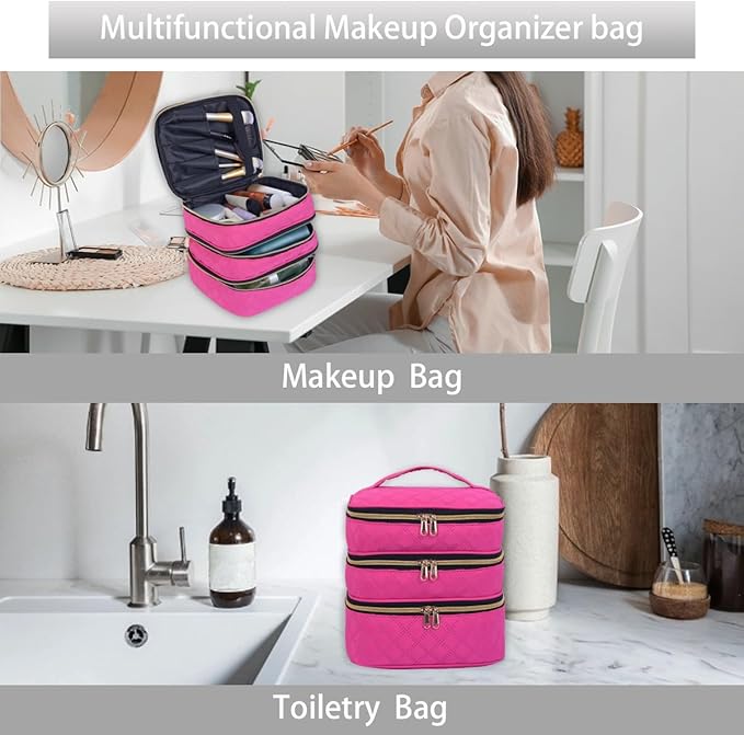 Three Layer Travel Makeup Bag Large Cosmetic Storage Organizer with Handle and Removable Divider (Wine)