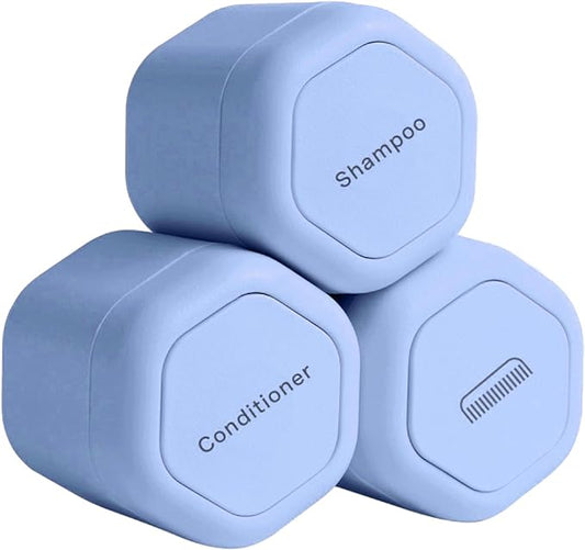 Cadence Travel Containers - Haircare Set - Magnetic Travel Capsules - For Shampoo, Conditioner, Hair Styling Product - 3 Flex Mediums (1.32oz) with Shampoo, Conditioner & Comb Icon Labels - Paiic