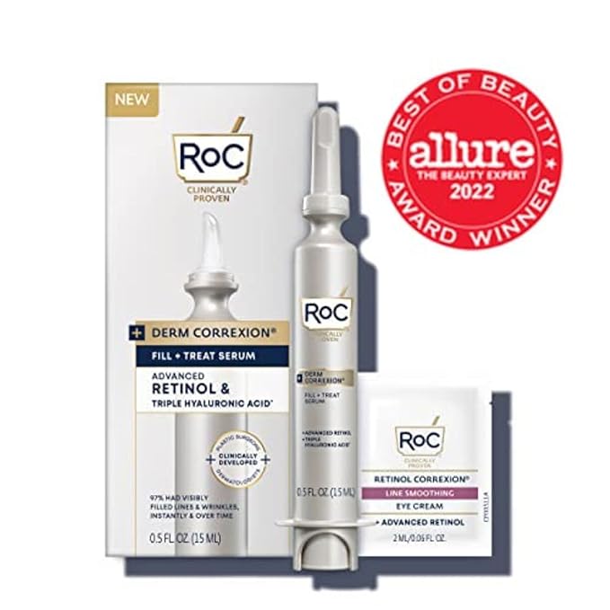 RoC Derm Correxion Fill + Treat Advanced Retinol Serum, Wrinkle Filler Treatment with Hyaluronic Acid for Crow's Feet, 11 Wrinkles, & Laugh Lines, (.5 fl oz) with Retinol Packette (Packaging May Vary)