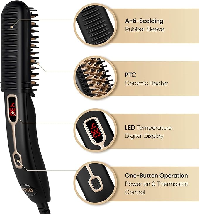 VOVO Beard Straightener Comb Upgrade Professional 2 in 1 Men's Beard Straightening Heated Hair Straightening Brush Portable Anti-Burn 6 Temperature Adjustable with LED Display for Home and Travel