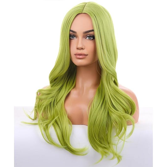 BERON Green Wigs Long Wavy Wig for Women Natural Curly Light Colored Heat Resistant Synthetic Hair Wigs for Cosplay Party Daily or Use