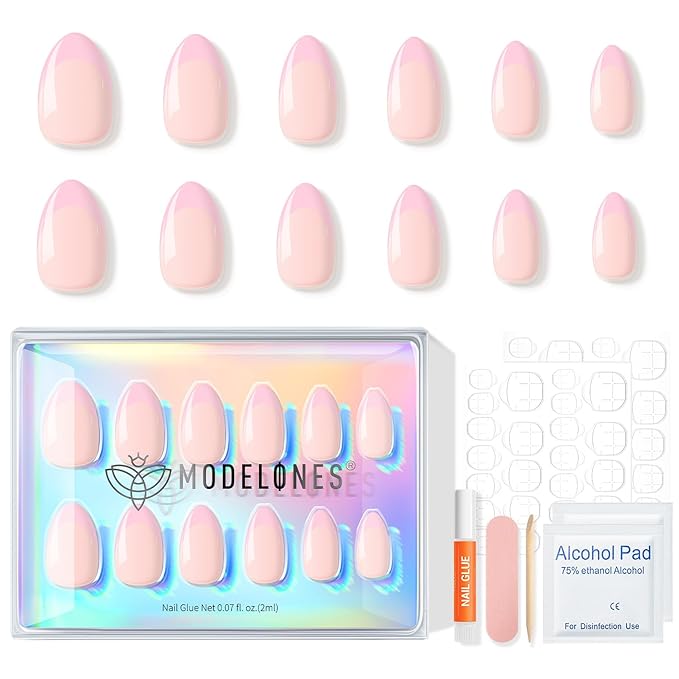 Modelones Pink French Tip Press on Nails Almond, Short Almond Fake Nails, Spring Easter Nail Kit with Nail Glue Adhesive Tabs Mini Nail File, Nails Press Ons 32Pcs16 Sizes, Women Girl Gift