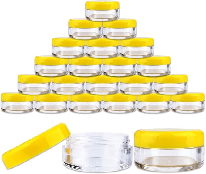 (Quantity: 25 Pieces) Beauticom 5G/5ML Round Clear Jars with Yellow Lids for Lotion, Creams, Toners, Lip Balms, Makeup Samples