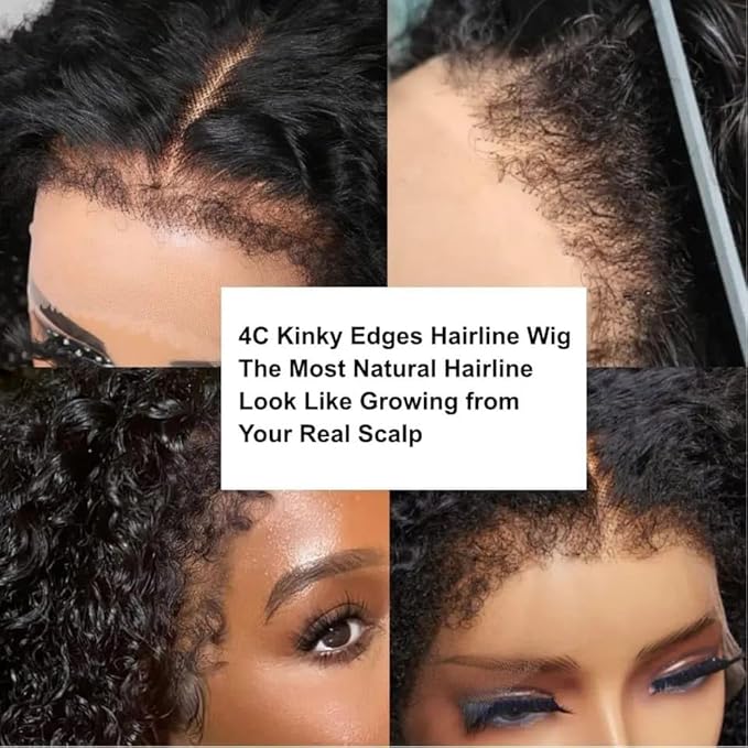 4C Edges Kinky Curly Lace Front Wigs Human Hair 13x4 HD Transparent Lace Frontal Wigs with Curly Edges Baby Hair, Deep Wave Curl Wig Pre-Plucked Hairline 180% Density 20 inch