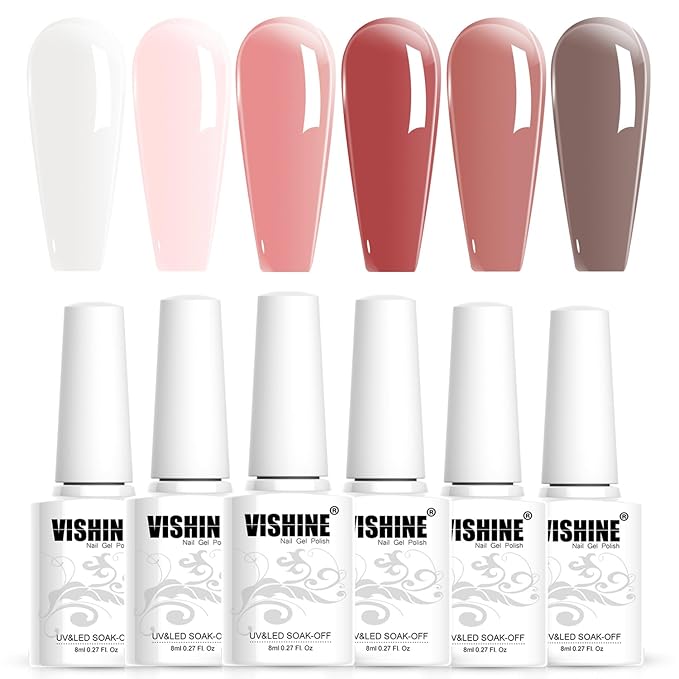 Vishine Jelly Milky White Pink Nude Transparent Gel Nail Polish Set of 6 Glass Sheer Colors Gel Polish Kit UV LED Soak Off Nail Art Varnish 8ml