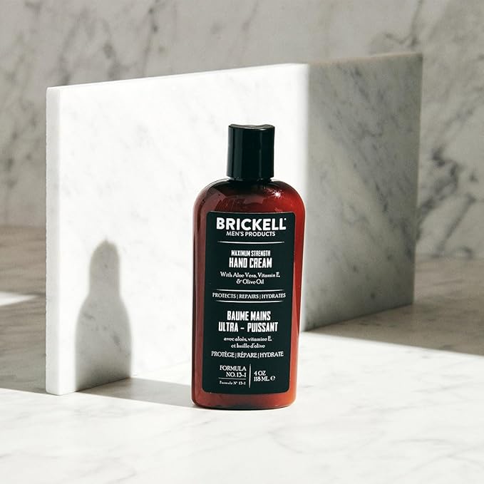 Brickell Men's Maximum Strength Hand Cream for Men, Natural and Organic Fast-Absorbing Hand Lotion with Vitamin E, Shea Butter, and Jojoba, 4 Ounce, Scented