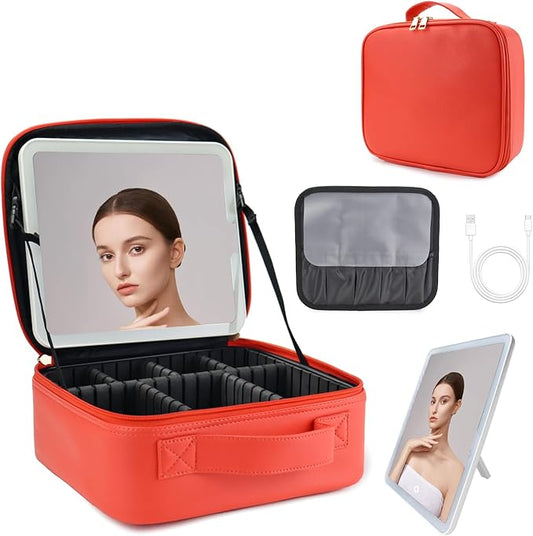 Travel Makeup Bag with LED Lighted Mirror,Cosmetics Organizer, Makeup Bag with 3 Color Lighted Setting, Portable Storage and Adjustable Dividers Travel Makeup Bag(red)