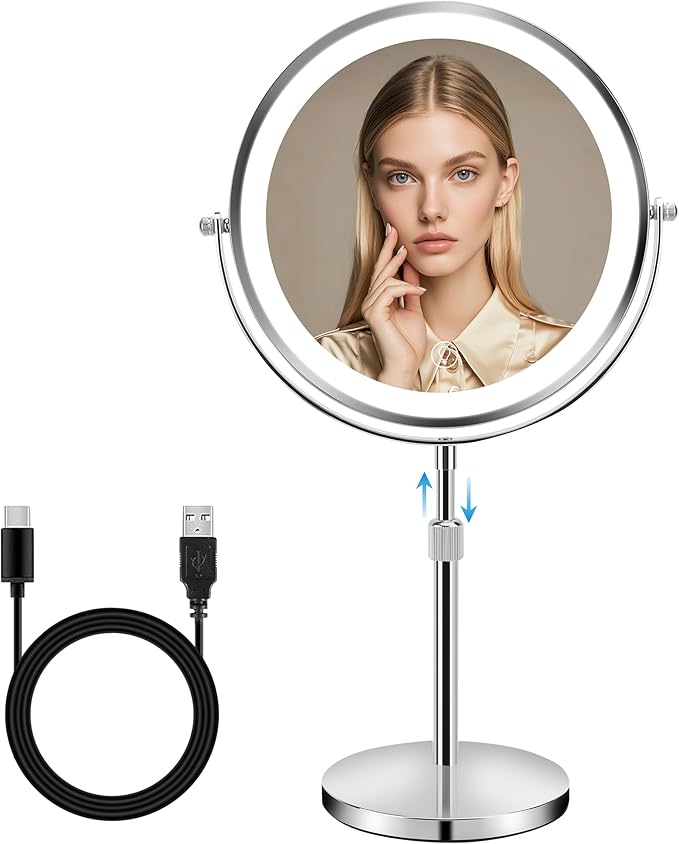 10x Large Lighted Makeup Mirror, Rechargeable 8.7" Double-Sided Vanity Mirror with 3 Color Dimmable Lights, 1X/10X Height Adjustable Magnifying Mirror, 360° Swivel, for Women Girl(Silver)