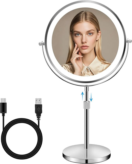 10x Large Lighted Makeup Mirror, Rechargeable 8.7" Double-Sided Vanity Mirror with 3 Color Dimmable Lights, 1X/10X Height Adjustable Magnifying Mirror, 360° Swivel, for Women Girl(Silver)