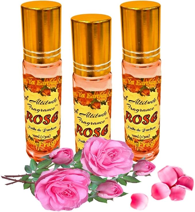 ROSE Perfume Oil - All-Natural Essential Oil Fragrance - Huile de Parfum - Bulgarian Damask Rosa Damascena Petals Otto,Tea Rose, De Mai - Roll On Roller Ball - Party Travel Guest Favors Gifts - 10mlx3