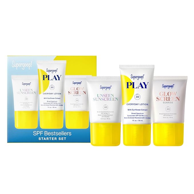 Supergoop! SPF Bestsellers Starter Set - Includes PLAY Everyday Lotion SPF 50 (1 fl oz), Unseen Sunscreen SPF 40 (0.5 fl oz) & Glowscreen SPF 40 (0.5 fl oz)