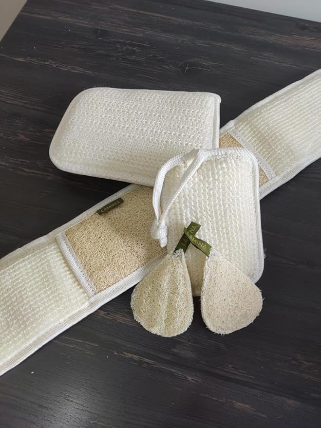 4 PCS - Lamina Natural-Organic, Loofah Sponge, Body Scrubber, Shower Beth Loofah (Back Long, Double Sided Mitt, Mini Mitt and Face loofah)