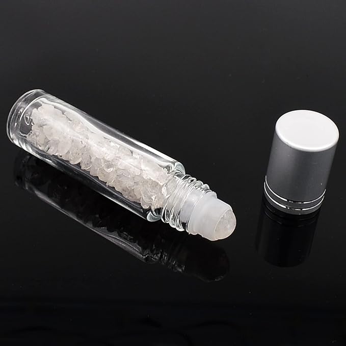 Essential Oil Roller Bottle 10ml w EVA Carrying Travel Case（Clear Glass Bottle with silver Cap、10pack、Gemstone Roller Balls、Crystal Chips Inside、Opener Gemstone Roller Ball Bottles