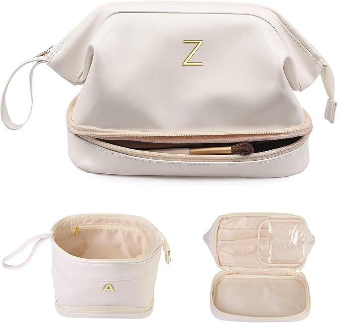 Birthday Gifts for Girls, Initial Large Makeup Bags, Personalized Double Layer Cosmetic Bag with Makeup Brush Organizer,Toiletry Bag, Gifts for Women Girlfriend Friends Female Mom Sister