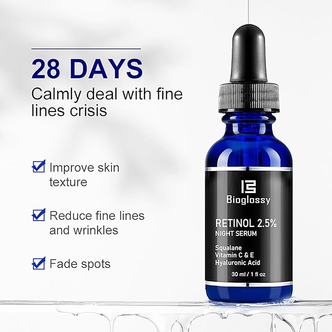 Retinol Serum for Face, 2.5% Retinol Intense Night Serum with Squalane,Vitamin C & E & B3,Hyaluronic Acid for Lines, Wrinkles & Premature Sun Damage to Resurface & Hydrate 30 ml/ 1 Fl oz