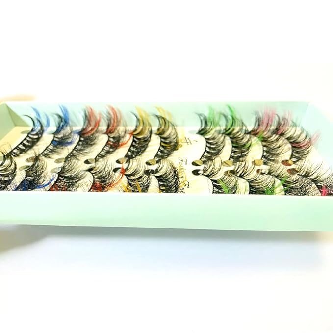 Sunniess Ombre Colored Lashes Silk Protein Fluffy Wispy Volume Fake Lashes for Halloweens Cosplay Party Stage Russian D Curl Lashes with Color Make up Faux Mink False Eyelashes