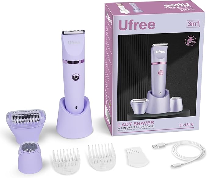 Ufree Bikini Trimmer Electric Razors for Women, Rechargeable Pubic Body Hair Trimmer Electric Shaver for Legs Body Hair, Bikini Shaver IPX7 Waterproof, Gifts for Women, Purple