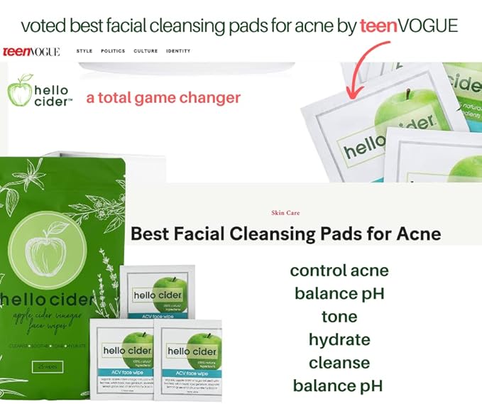 Apple Cider Vinegar Acne Face Wipes-Organic TeaTree, Rose, Chamomile, Witch Hazel.Oil free. Reduce Blemish & Acne. Tone,Restore, Sooth, Balance pH. Dry, Normal, Sensitive Skin. 25ct. USA Hello Cider