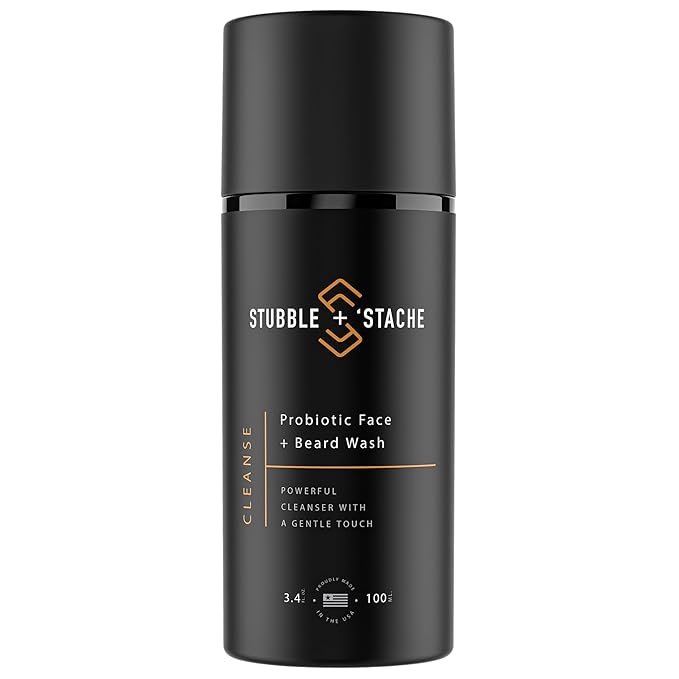 stubble & stache Face Wash and Beard Wash for Men – Daily Facial Cleanser with Niacinamide, Aloe Vera, Green Tea, and Probiotics – Fragrance-Free – 3.4 fl oz