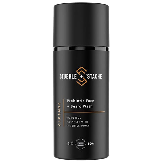 stubble & stache Face Wash and Beard Wash for Men – Daily Facial Cleanser with Niacinamide, Aloe Vera, Green Tea, and Probiotics – Fragrance-Free – 3.4 fl oz