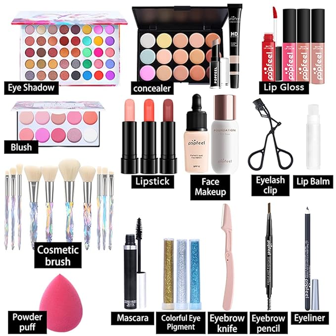34PCs Makeup Gift Set All in One Bundle Women Full Kit Cosmetic Essential Starter Includes Pro Brush Set, Eyeshadow Palette,Makeup or Lipgloss and etc, Medium, (IXHMT07D153ANEFJADY17L)