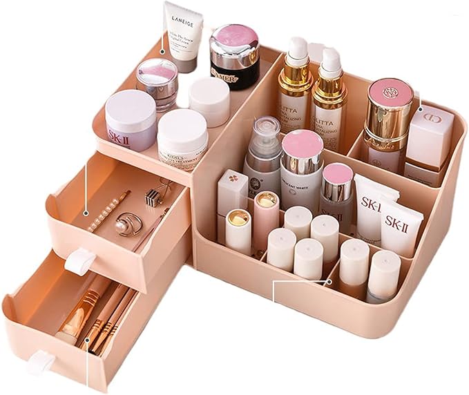 Skin Care Organizer - Makeup Vanity Countertop Organizer with Drawers, Brush Holder for Lipstick, Eyeshadow, Desktop (Polar Pink)