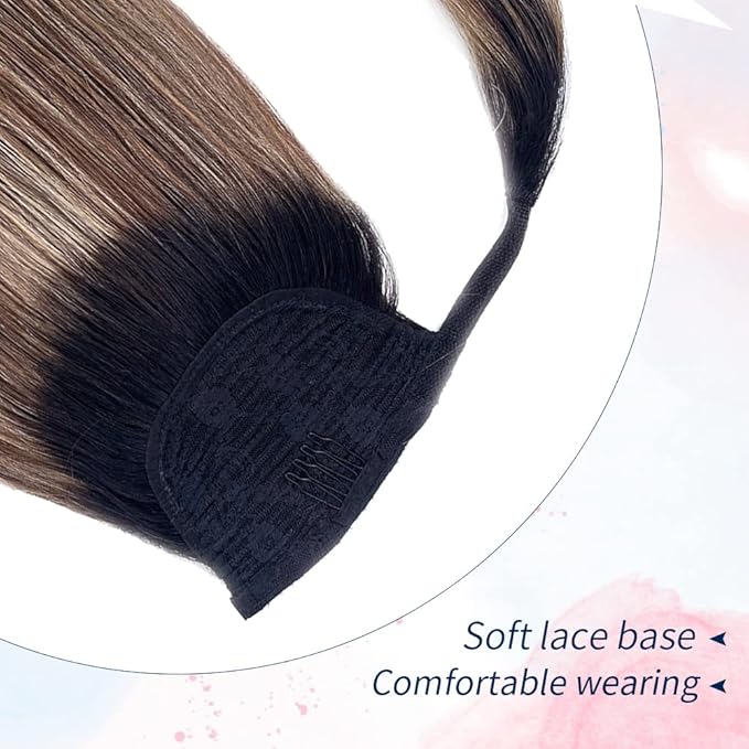 Ponytail Extension Human Hair Black to Chocolate Brown Mix Caramel Blonde Highlights Ponytail Hair Pieces Clip in Wrap Around Pony Remy Hair Extensions for Women 16 Inch 80G #1BT427