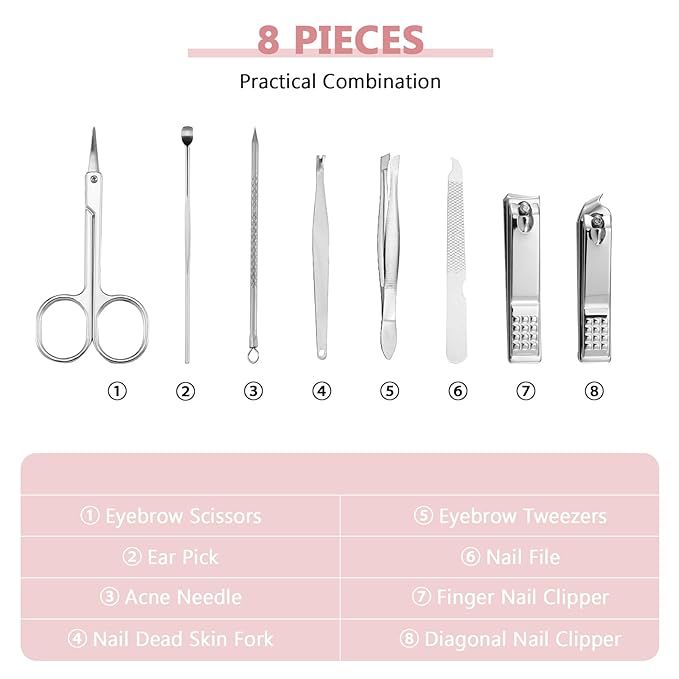 Geosar 12 Sets Manicure Set Nail Clippers Pedicure Kit 8 in 1 Stainless Steel Professional Grooming Kits Nail Care Tools with Travel Case for Men Women(Glitter Pink)