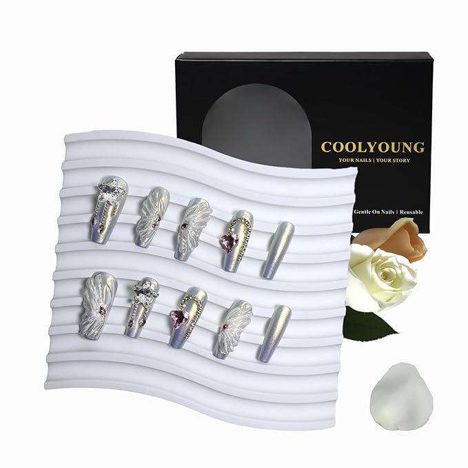 Handmade Press On Nails, Coffin Nails, Nailphoria Press Ons, White Nails Press On, Acrylic Nails Press On, Glitter Nails, Diamond Press On Nails, Gifts For Women, COOLYOUNG Nails, 10 PCS, Size S