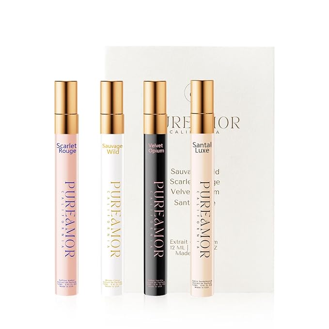 Pheromones Perfumes for Women, 4-pack Giftbox Perfume Set, Amber Vanilla, Saffron Amber, Woody Citrus, Spicy Sandalwood, 1.64fl. Enhanced Scents Pheromone Cologne for Men&Women,Travel Size Perfumes