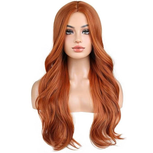 BERON Women Ginger Wigs Long Curly Wave Wig for Girls Dark Orange Middle Part Heat Resistant Synthetic Hair Wigs for Cosplay Party or Daily