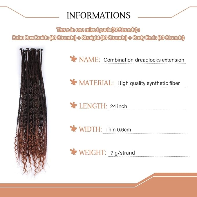 24 Inch 30 Strands SE Dreadlock Extensions Sets，3 In 1 Mixed Synthetic Dreads Extensions, Ombre Aubburn Straight&Curly&Boho Handmade Dreads Hippie Style Dreadlocks for Woman