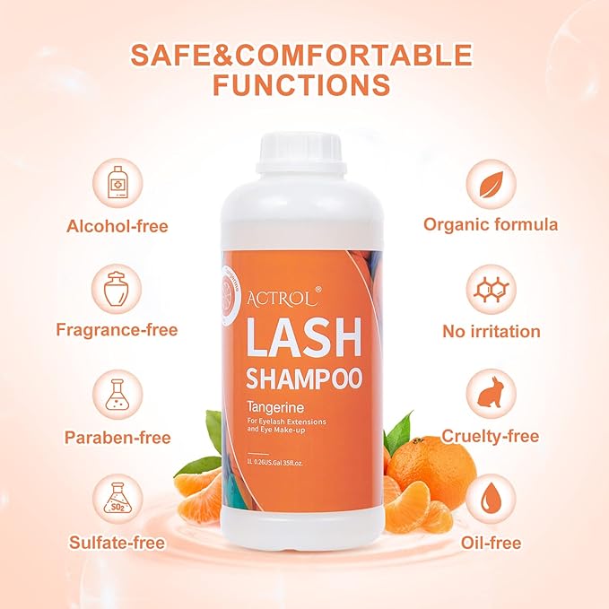 Eyelash Extension Cleanser Tangerines 1L Natural Lash Extension Shampoo Professional Eyelid Foaming Cleanser Paraben & Sulfate Free Non-lrritating with Salon and Home Care