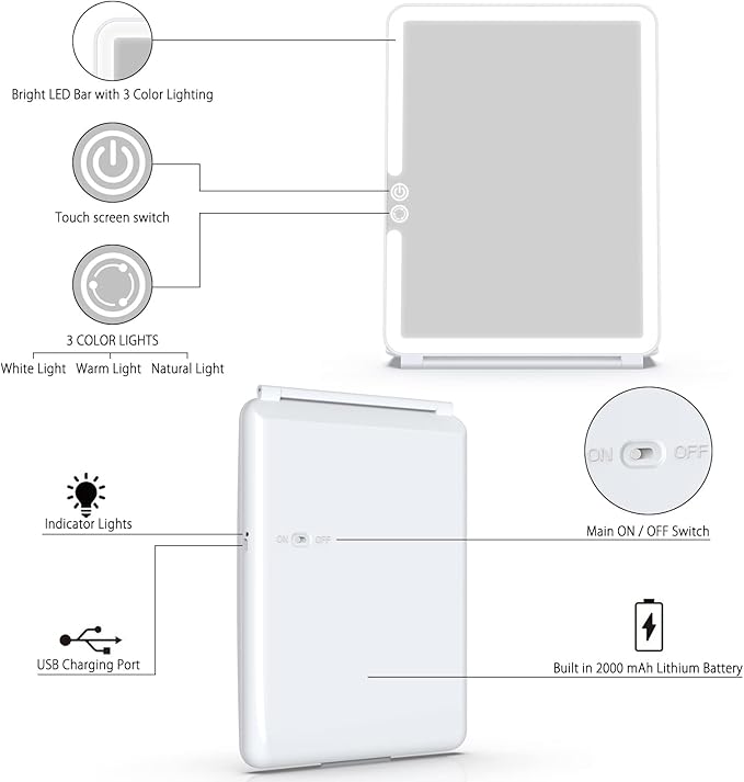 WEILY Portable Travel Mirror Makeup Mirror with 72 LED Lights, Touch Screen Three Colors Dimmable,Ultra Thin, 2000 mAh USB Rechargeable Foldable Cosmetic Mirror(White)