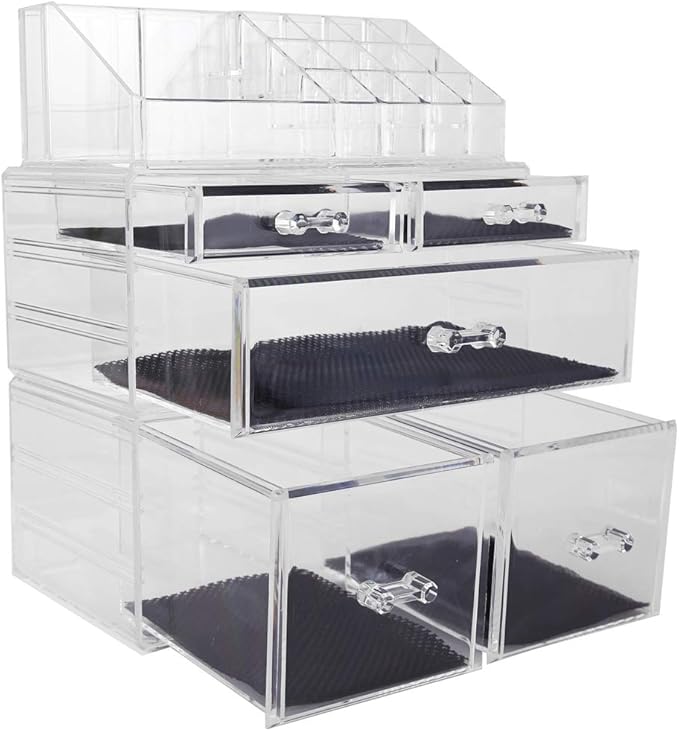 Sooyee Makeup Organizer,Acrylic Cosmetic Organizer Storage Drawers Jewelry and Cosmetic Display Cases Box(5 Drawers 7 Tiers) 3 Pieces Stackable,Clear